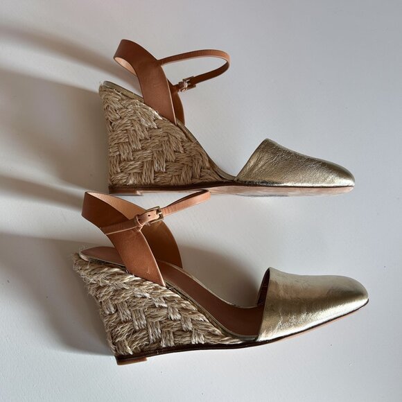 Tory Burch Metallic Gold Leather Closed Toe High Espadrille 95mm Wedge Heels 8 M - Picture 6 of 10